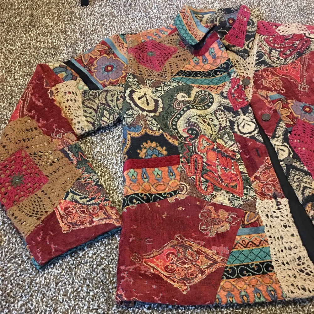 Chico’s Crochet Patchwork Jacket Sz 2 - image 1